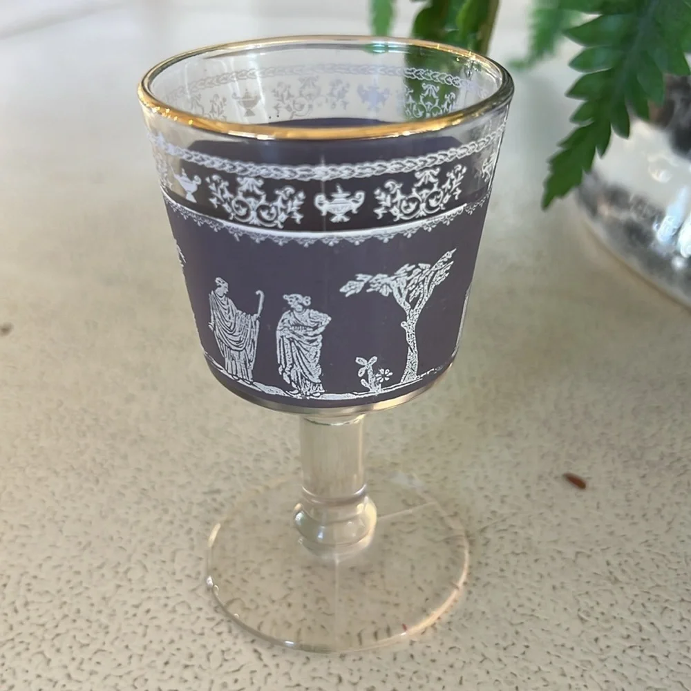 Vintage Jeannette Glass Hellenic Grecian Cordial Glass Lavender Toile